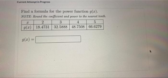 Current Attempt In Progress Find A Formula For The Power Function G X Note Round The Coefficient And Power To The Nea 1