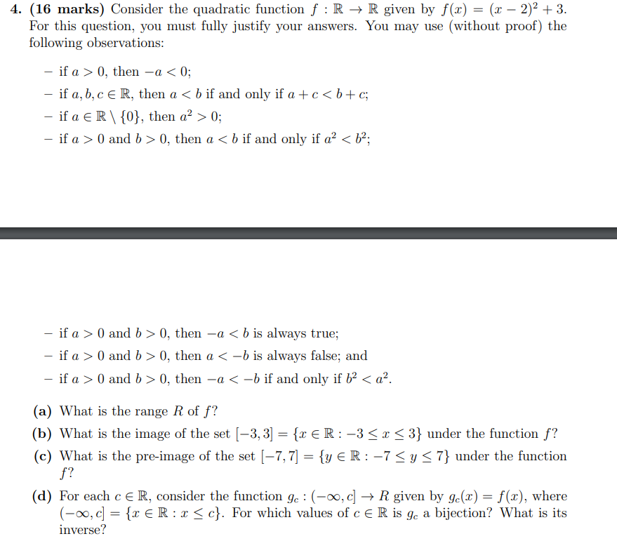 4 16 Marks Consider The Quadratic Function F R R Given By F X X 2 3 For This Question You Must Fully J 1