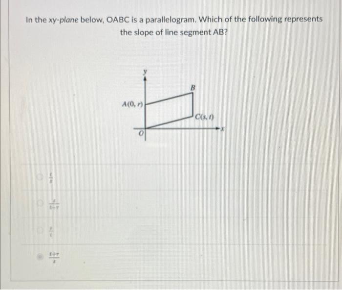 In The Xy Plane Below Oabc Is A Parallelogram Which Of The Following Represents The Slope Of Line Segment Ab H A 0 R 1