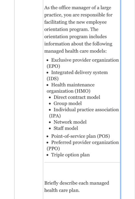 As The Office Manager Of A Large Practice You Are Responsible For Facilitating The New Employee Orientation Program Th 1