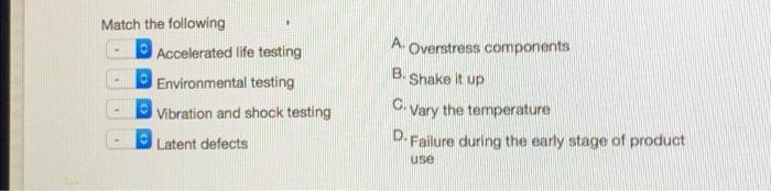 Match The Following W Accelerated Life Testing Environmental Testing Vibration And Shock Testing Latent Defects A Overst 1