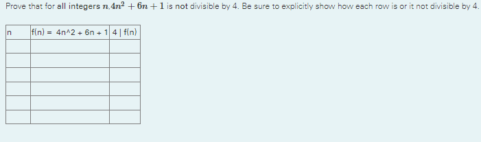 Prove That For All Integers N 4n 6n 1 Is Not Divisible By 4 Be Sure To Explicitly Show How Each Row Is Or It Not Di 1