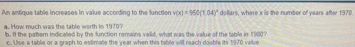 An Antique Table Increases In Value According To The Function V X 950 1 04 Dollars Where X Is The Number Of Years Af 1