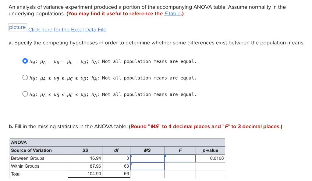 An Analysis Of Variance Experiment Produced A Portion Of The Accompanying Anova Table Assume Normality In The Underlyin 1