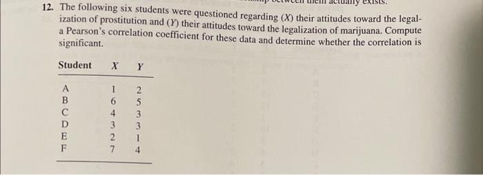 12 The Following Six Students Were Questioned Regarding X Their Attitudes Toward The Legal Ization Of Prostitution A 1