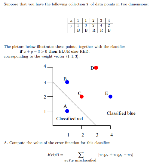 Suppose That You Have The Following Collection T Of Data Points In Two Dimensions X 4 1 12 3 3 2 4 Y 1 2 B B R R B The 1