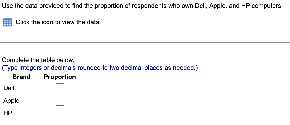 Use The Data Provided To Find The Proportion Of Respondents Who Own Dell Apple And Hp Computers Click The Icon To Vie 1