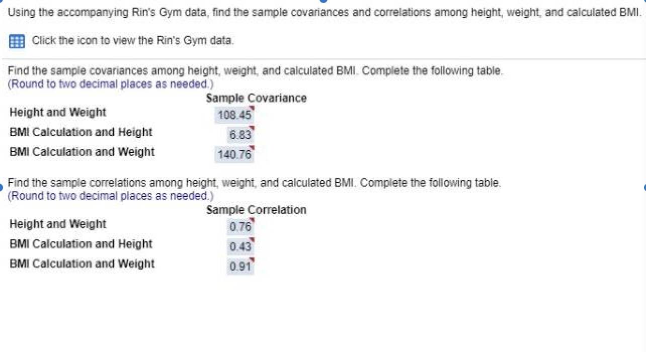 Using The Accompanying Rin S Gym Data Find The Sample Covariances And Correlations Among Height Weight And Calculated 1