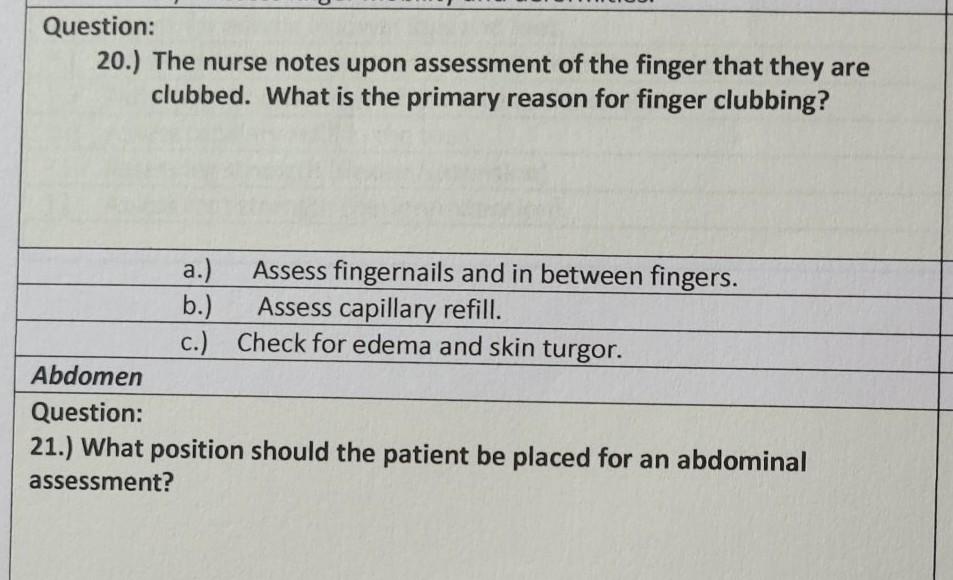 Question 20 The Nurse Notes Upon Assessment Of The Finger That They Are Clubbed What Is The Primary Reason For Finge 1