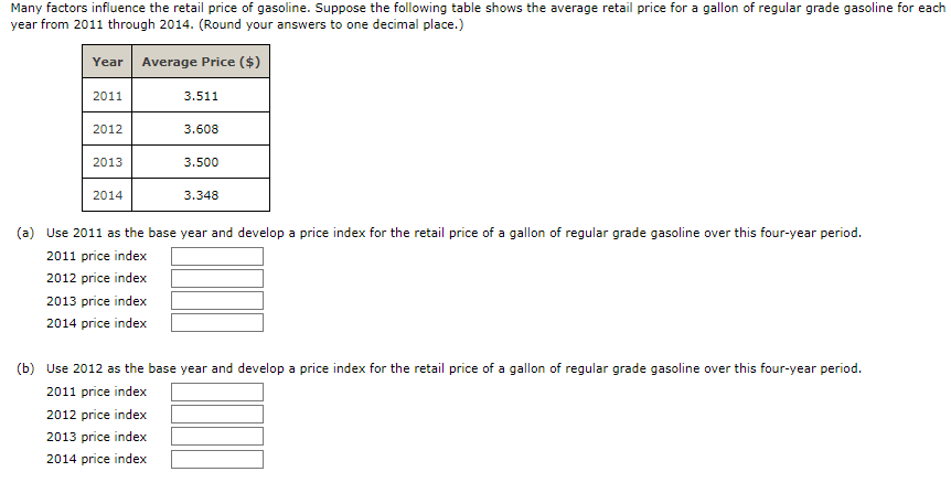 Many Factors Influence The Retail Price Of Gasoline Suppose The Following Table Shows The Average Retail Price For A Ga 1