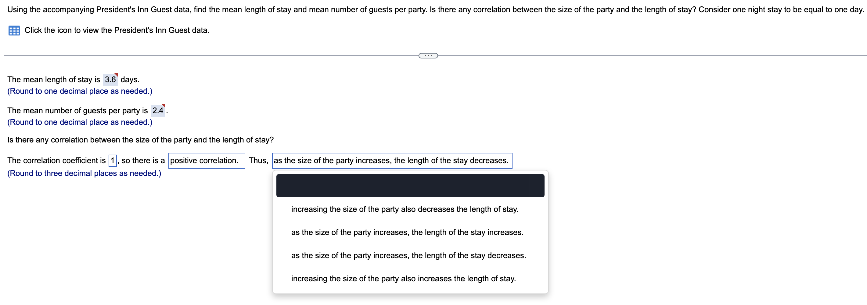 Using The Accompanying President S Inn Guest Data Find The Mean Length Of Stay And Mean Number Of Guests Per Party Is 1