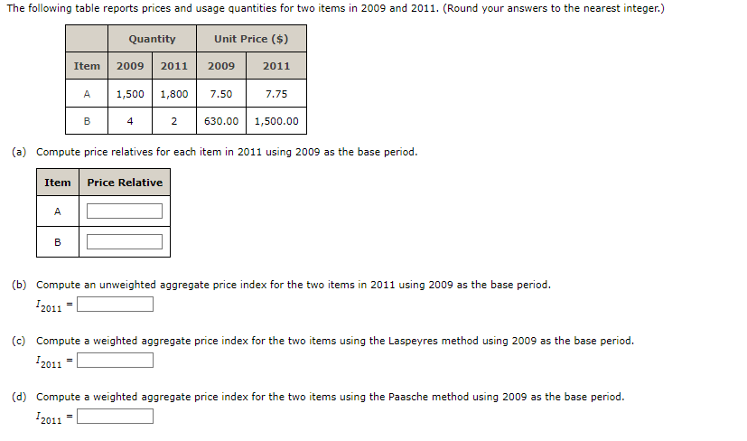The Following Table Reports Prices And Usage Quantities For Two Items In 2009 And 2011 Round Your Answers To The Neare 1