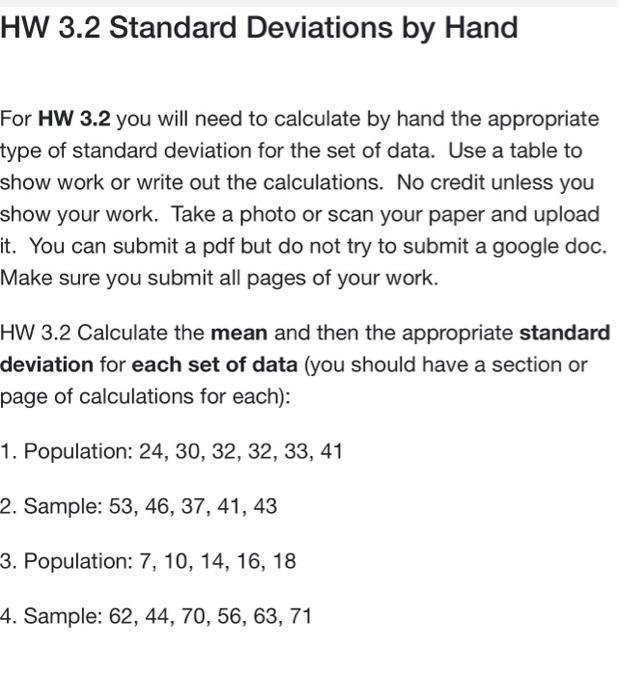 Hw 3 2 Standard Deviations By Hand For Hw 3 2 You Will Need To Calculate By Hand The Appropriate Type Of Standard Deviat 1