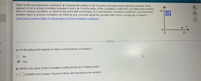 Refer To The Accompanying Scatterplot A Examine The Pattern Of All 10 Points And Subjectively Determine Whether There A 1