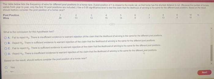 The Table Below Lists The Frequency Of Wins For Different Post Positions In A Horse Race A Post Position Of 1 Is Closes 2