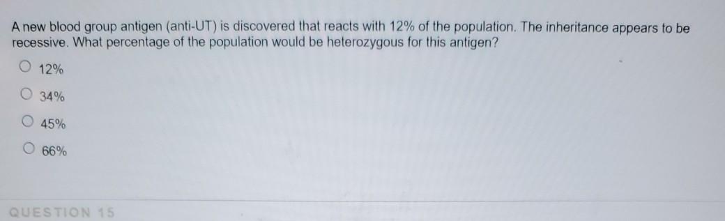 A New Blood Group Antigen Anti Ut Is Discovered That Reacts With 12 Of The Population The Inheritance Appears To Be 1