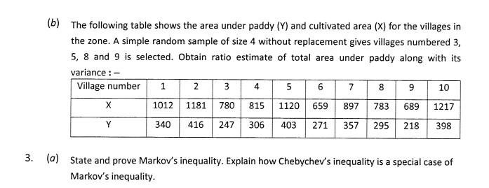 B The Following Table Shows The Area Under Paddy Y And Cultivated Area X For The Villages In The Zone A Simple Ra 1
