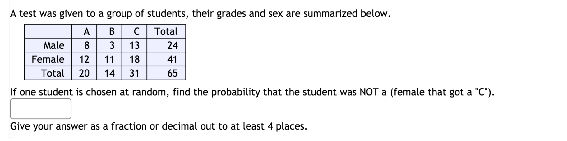 A Test Was Given To A Group Of Students Their Grades And Sex Are Summarized Below A B C Total Male 8 3 13 24 Female 12 1