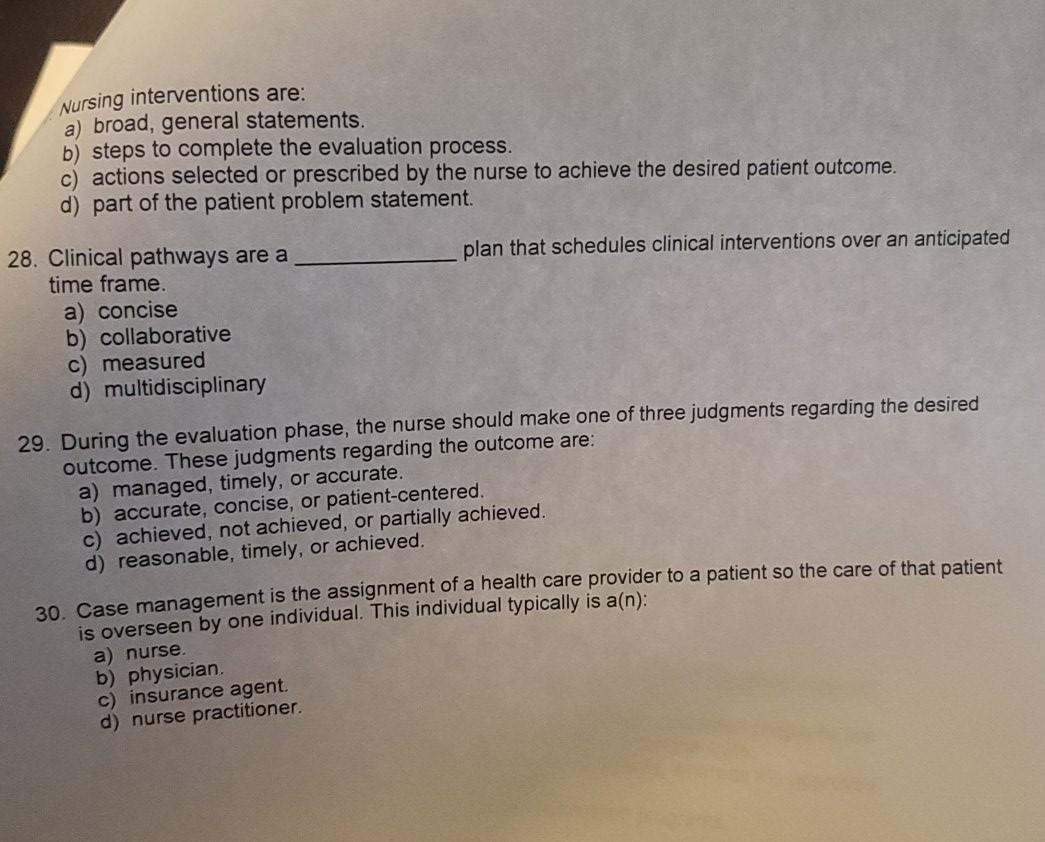 Nursing Interventions Are A Broad General Statements B Steps To Complete The Evaluation Process C Actions Selecte 1