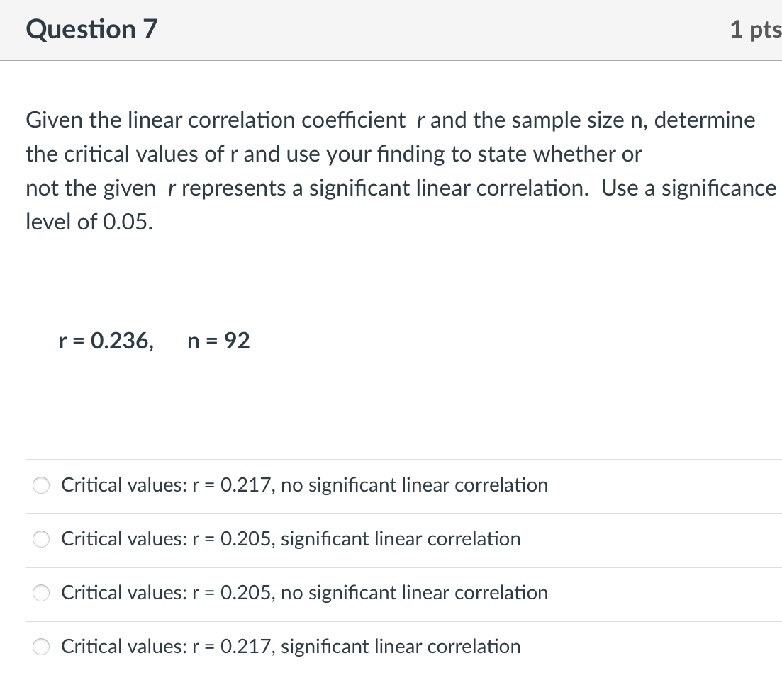 Question 7 1 Pts Given The Linear Correlation Coefficient R And The Sample Size N Determine The Critical Values Of R An 1