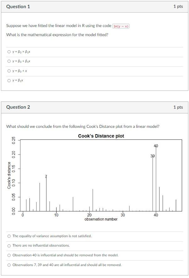Question 1 Suppose We Have Fitted The Linear Model In R Using The Code 1m Y X What Is The Mathematical Expression For 1