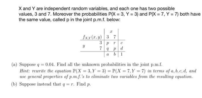 X And Y Are Independent Random Variables And Each One Has Two Possible Values 3 And 7 Moreover The Probabilities P X 1