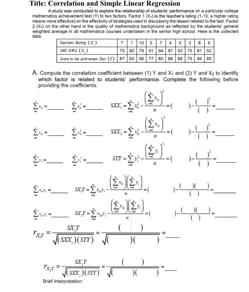Title Correlation And Simple Linear Regression A Study Was Conducted To Explore The Relationship Of Students Performan 1