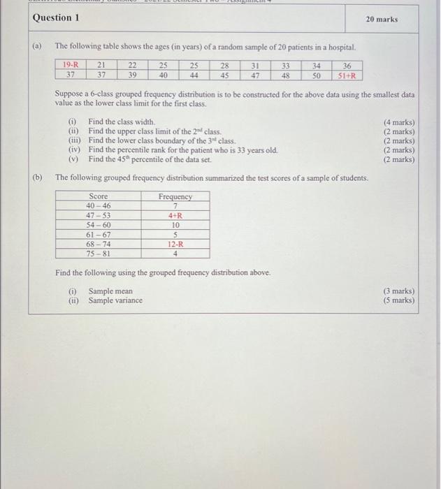 Question 1 20 Marks A The Following Table Shows The Ages In Years Of A Random Sample Of 20 Patients In A Hospital 1 1