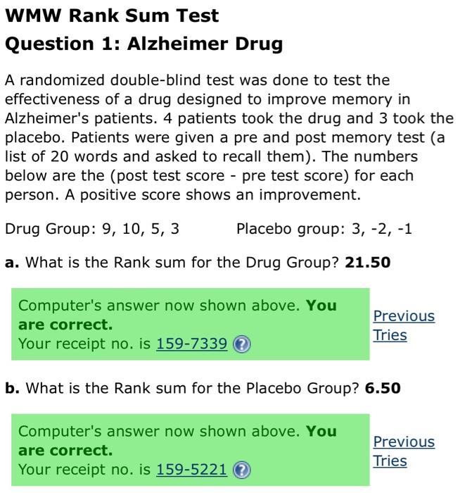 Wmw Rank Sum Test Question 1 Alzheimer Drug A Randomized Double Blind Test Was Done To Test The Effectiveness Of A Drug 1