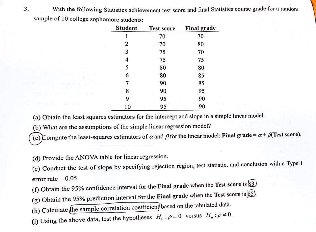 3 With The Following Statistics Achievement Test Score And Final Statistics Course Grade For A Random Sample Of 10 Coll 1