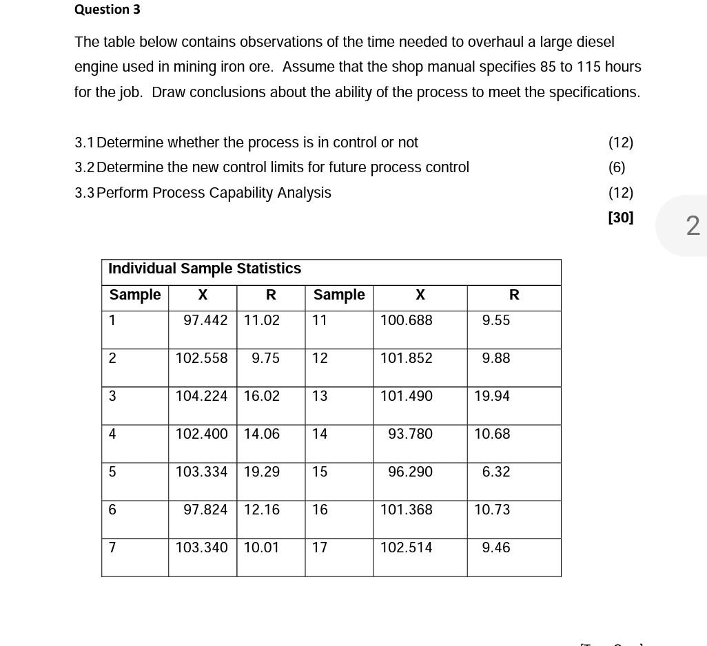 Question 3 The Table Below Contains Observations Of The Time Needed To Overhaul A Large Diesel Engine Used In Mining Iro 1