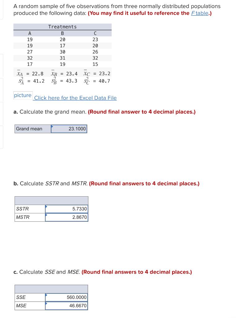 A Random Sample Of Five Observations From Three Normally Distributed Populations Produced The Following Data You May F 1