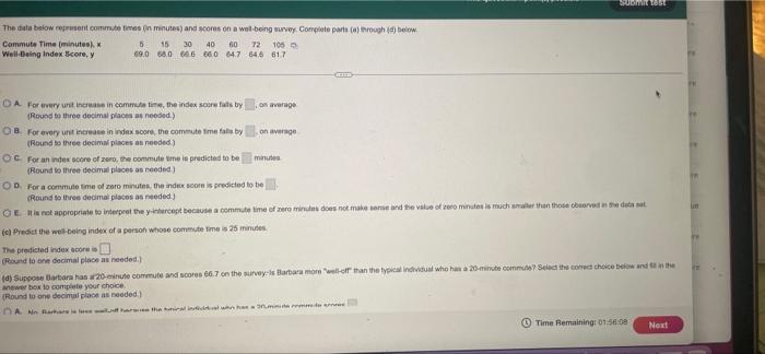 This Question 1 Points Possible Ty The Data Below Represent Commute Times In Minutes And Scores On A Well Being Surv 2