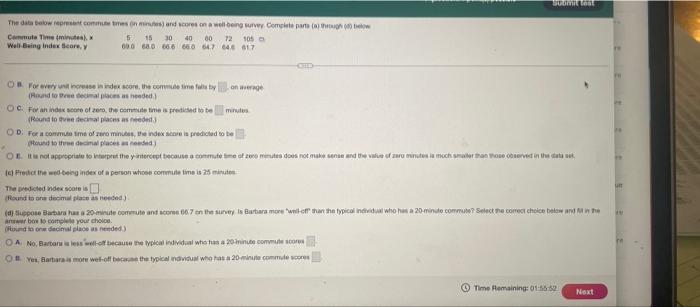 This Question 1 Points Possible Ty The Data Below Represent Commute Times In Minutes And Scores On A Well Being Surv 3
