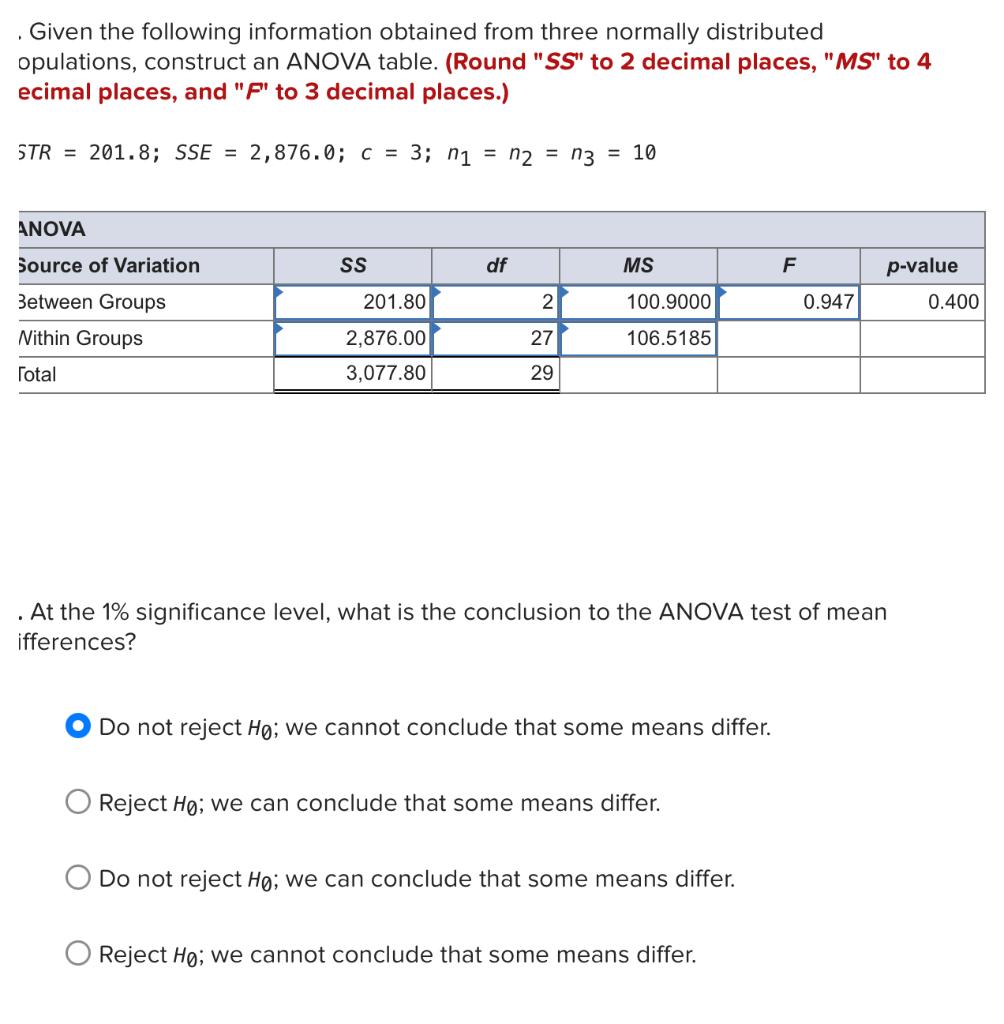 Given The Following Information Obtained From Three Normally Distributed Opulations Construct An Anova Table Round S 1