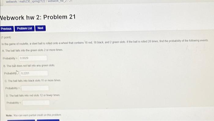 Webwork Math230 Spring2122 Webwork W 2 Vebwork Hw 2 Problem 21 Previous Problem List Next 1 Point In The Game Of Rou 1