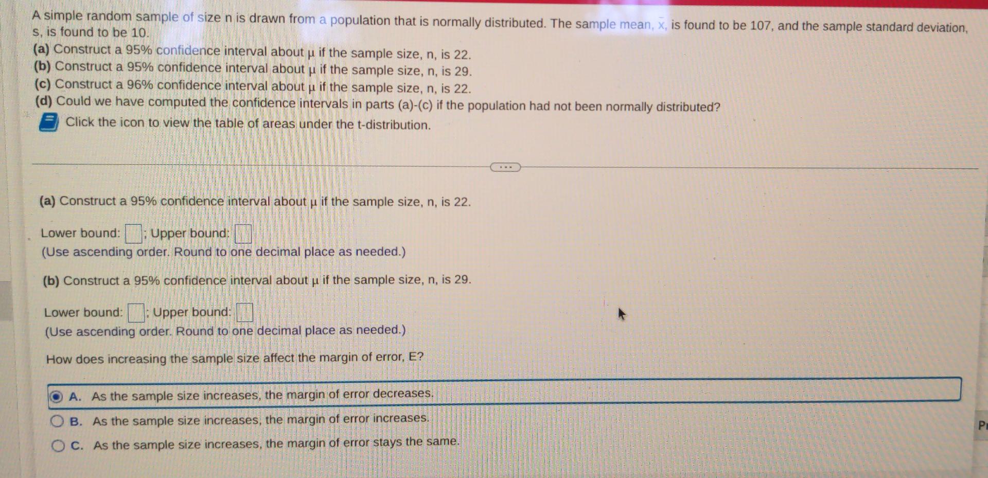 A Simple Random Sample Of Size N Is Drawn From A Population That Is Normally Distributed The Sample Mean X Is Found T 1