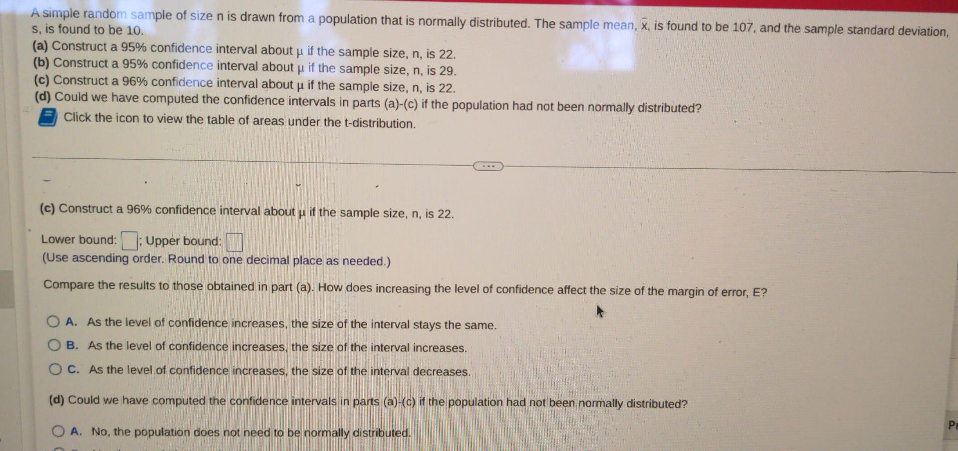 A Simple Random Sample Of Size N Is Drawn From A Population That Is Normally Distributed The Sample Mean X Is Found T 2