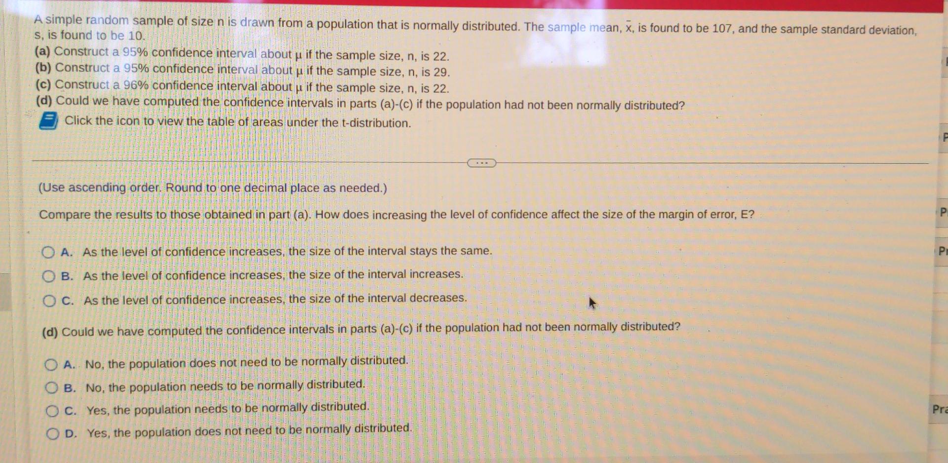 A Simple Random Sample Of Size N Is Drawn From A Population That Is Normally Distributed The Sample Mean X Is Found T 3