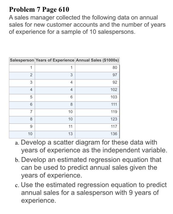 Problem 7 Page 610 A Sales Manager Collected The Following Data On Annual Sales For New Customer Accounts And The Number 1