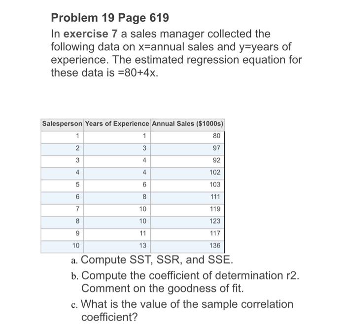 Problem 19 Page 619 In Exercise 7 A Sales Manager Collected The Following Data On X Annual Sales And Y Years Of Experien 1