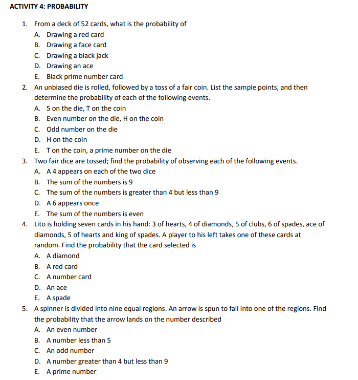 Activity 4 Probability 1 From A Deck Of 52 Cards What Is The Probability Of A Drawing A Red Card B Drawing A Face C 1