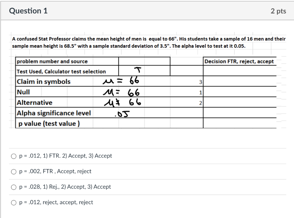 Question 1 2 Pts A Confused Stat Professor Claims The Mean Height Of Men Is Equal To 66 His Students Take A Sample Of 1