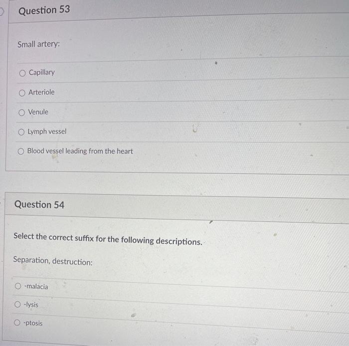 D Question 51 Death O Neur O Nephr O Neutr O Nucle O Necr O Question 52 Select The Correct Meaning For The Following Su 2