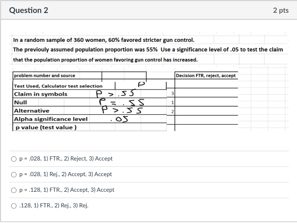 Question 2 2 Pts In A Random Sample Of 360 Women 60 Favored Stricter Gun Control The Previouly Assumed Population Pro 1