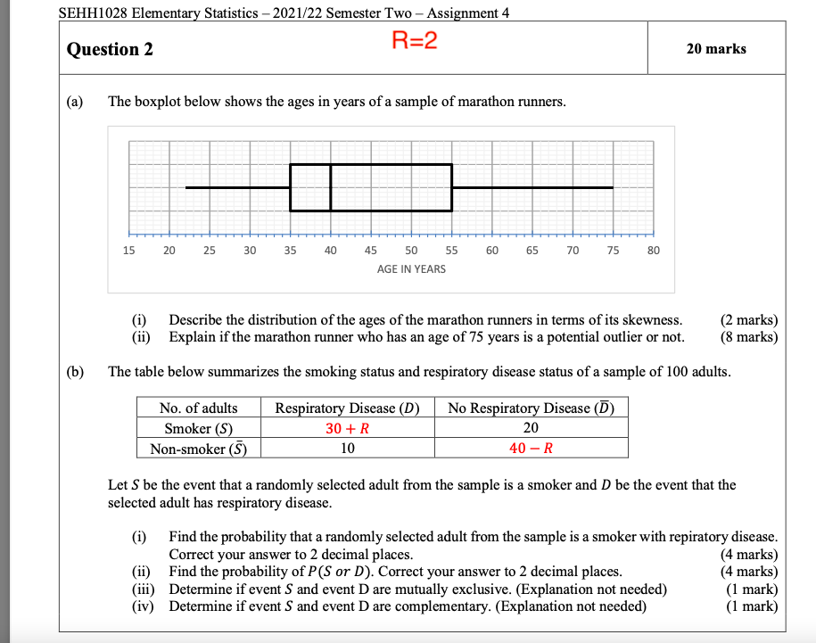 Sehh1028 Elementary Statistics 2021 22 Semester Two Assignment 4 R 2 Question 2 A The Boxplot Below Shows The Ages 1