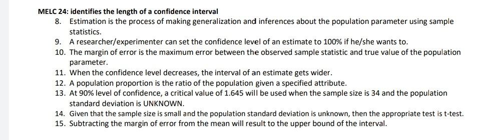 Melc 24 Identifies The Length Of A Confidence Interval 8 Estimation Is The Process Of Making Generalization And Infere 1