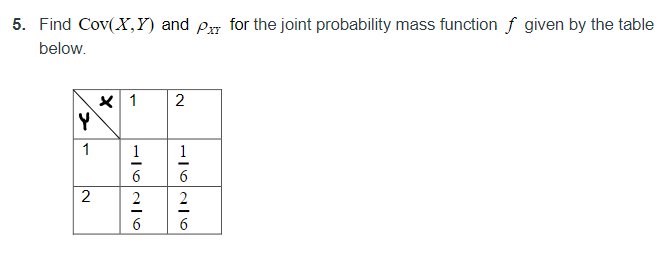 5 Find Cov X Y And Px For The Joint Probability Mass Function F Given By The Table Below X 1 2 H 1 2 1626 1626 1