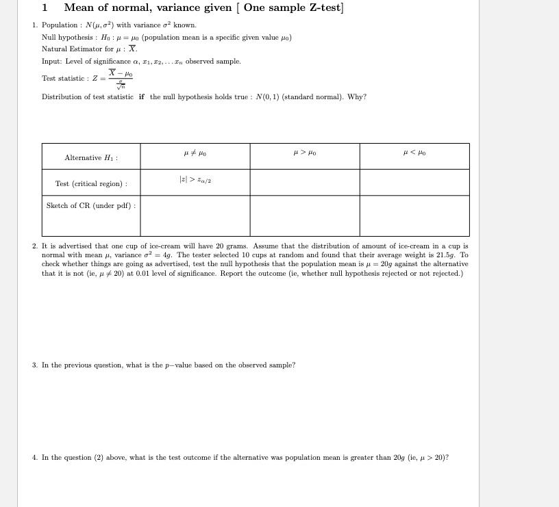 1 Mean Of Normal Variance Given One Sample Z Test 1 Population N U A With Variance Known Null Hypothesis Ho 1