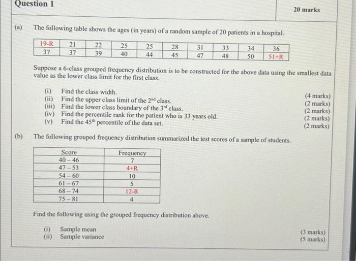 Question 1 20 Marks A The Following Table Shows The Ages In Years Of A Random Sample Of 20 Patients In A Hospital 1 1